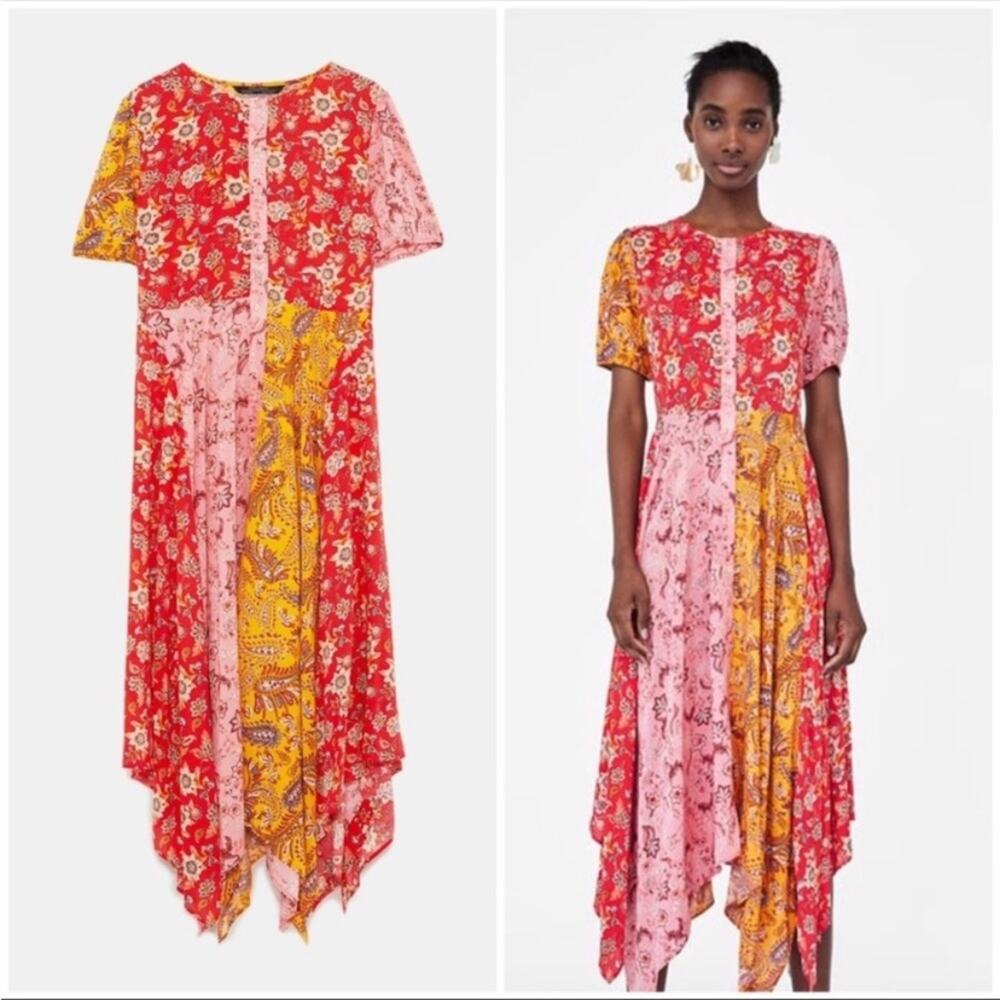 Zara Red Pink Paisley Patchwork Hankerchief Midi Dress Bloggers Fave Small - Picture 8 of 10
